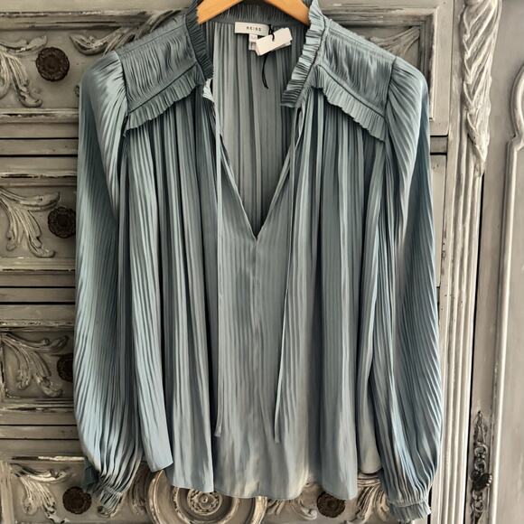 Reiss Blouse Sz 2 Satin Pleated Flowy V-neck Long Sleeve Teal Blue NWOT - Picture 4 of 8